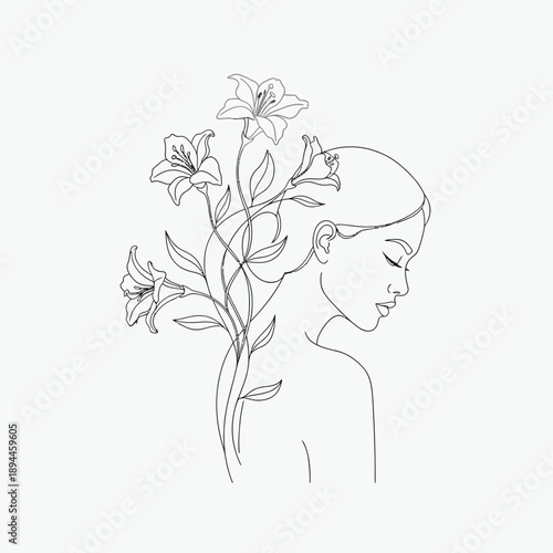 Woman with Lily Flowers in Hair, Elegant Line Art