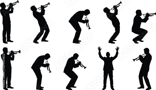 Set of trumpet player silhouettes performing jazz music in expressive standing and bending poses isolated on white background for band vector illustration