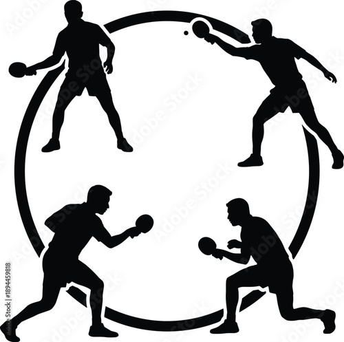 Table tennis player silhouettes in competitive rally action arranged in circular composition isolated on white background for sports vector illustration design
