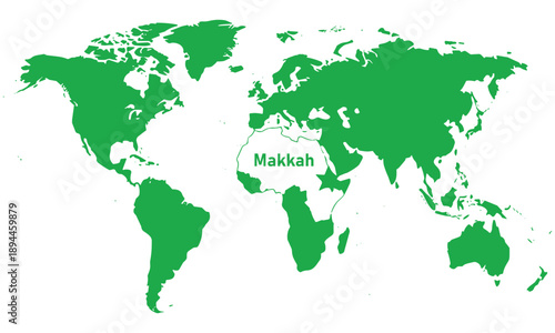 Green world map vector with makkah label showing global locations of continents