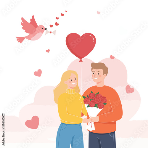 Couple holding hands and bouquet with heart balloon and bird flying above for Valentine Day