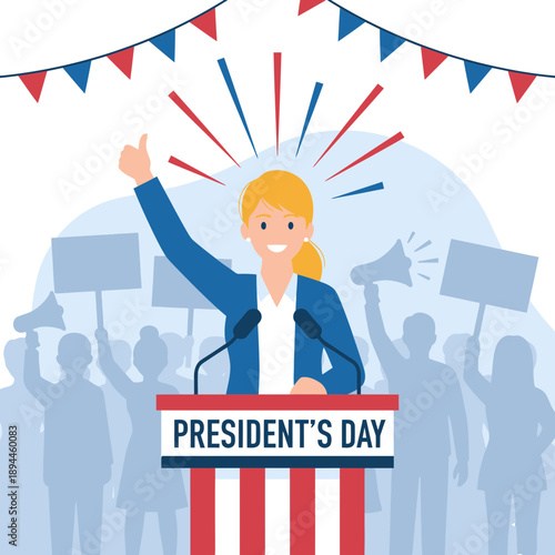 Female Politician Giving Speech at President's Day Rally with Crowd Holding Signs in the Background