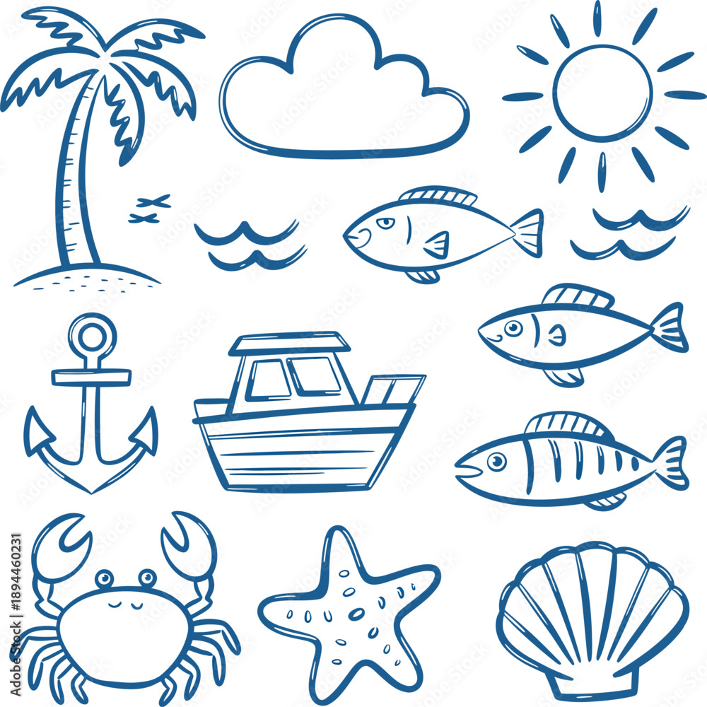 Obraz premium Whimsical blue line of beach and ocean summer vacation , beach, ocean, sea, summer, vacation,