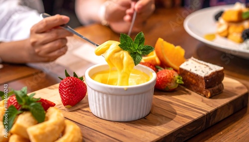 Close-up of a dessert platter with dipping sauce, fruit, and pastry on a wooden board. Hands are reaching in to scoop