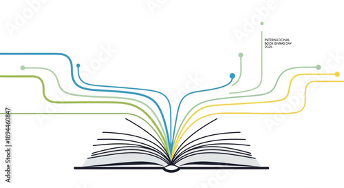 Illustration of an open book with colorful lines emerging from it, symbolizing knowledge and learning on International Book Giving Day in America.