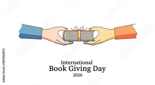 Illustration of two hands exchanging a book on International Book Giving Day 2026 with a simple design and vector graphics against a clean white background.