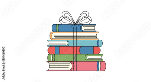 A colorful illustration of a stack of books tied with a ribbon for International Book Giving Day in America.