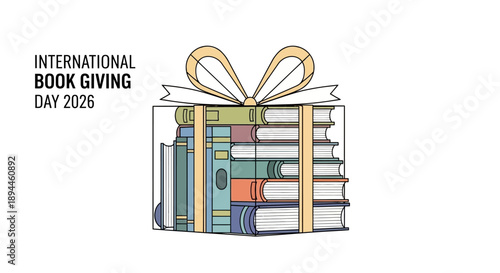 Illustration of a wrapped gift box filled with books on International Book Giving Day in America, featuring colorful design and vector graphics.