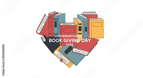 Vector design illustration for International Book Giving Day 2026 with a heart-shaped composition of colorful books in America, promoting book giving and literacy.