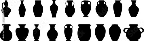 vase silhouette set, vase vector collection, diverse vase designs, ancient, ceramic, potter, amphora, . Ideal for interior design, art decor, elegant visuals