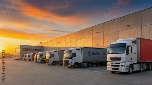 Fleet of cargo trucks parked at modern warehouse loading dock during vibrant sunset