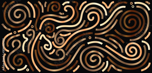 Luxury Golden Abstract Line Pattern on Black Background with Metallic Swirls, Elegant Modern Decorative Design