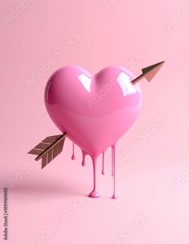 Pink Heart with Cupids Arrow Dripping on Pink Background.