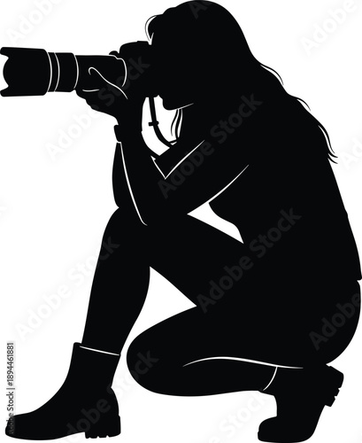 Vector, black, silhouette, illustration, of, a, professional, female, photographer, kneeling, while, taking, a, photo, with, a, digital, camera, for, creative, media, and, journalism, designs