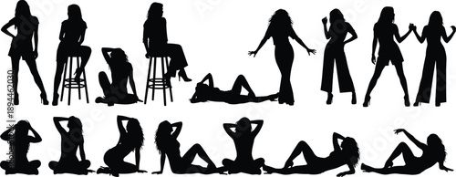 Vector, black, silhouettes, of, a, large, collection, of, diverse, female, models, posing, sitting, and, standing, for, fashion, editorial, beauty, and, lifestyle, photography, design, assets