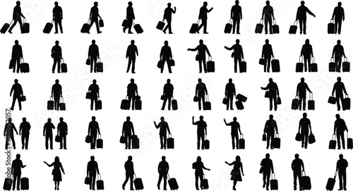 Vector, black, silhouettes, of, a, large, group, of, diverse, travelers, walking, with, rolling, suitcases, and, luggage, for, airport, transit, and, global, tourism, designs