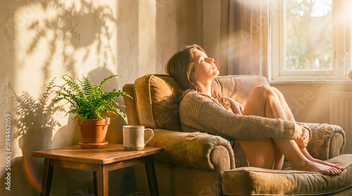 Woman relaxing in cozy chair by window, sunlight streaming in, surrounded by greenery, embodying the essence of digital detox and slow living lifestyle