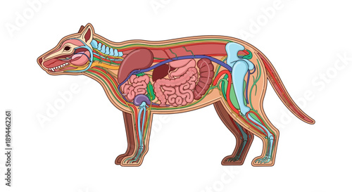 Detailed anatomical illustration of a cat's internal organs and skeletal system viewed from the side