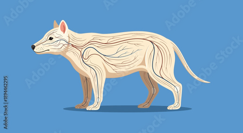 Detailed illustration of a canine anatomy on a blue background from a side view