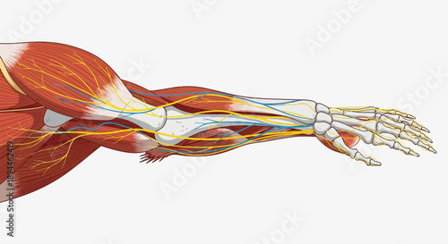 Detailed anatomical illustration of human arm muscles and skeletal structure from a lateral viewpoint
