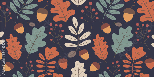 Seamless pattern of autumn leaves acorns and berries on dark blue background fall