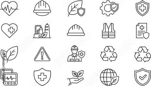Set of minimalist line icons for industrial safety healthcare and environmental protection featuring hard hats shields recycling and medical symbols