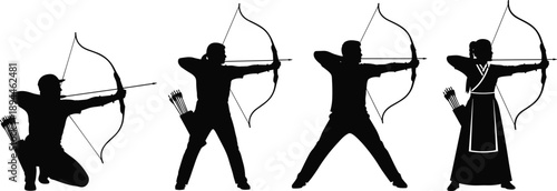 Vector, black, silhouettes, of, male, and, female, archers, in, various, poses, with, bows, and, arrows, for, sports, target, practice, and, competition, graphic, design