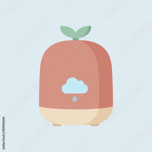 A stylized, cartoon-like humidifier in reddish-brown and cream, featuring green leaves on top and a blue cloud with a raindrop on its front.