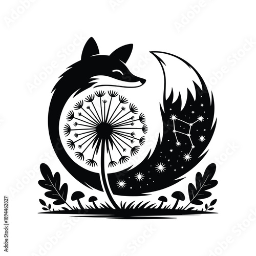 Whimsical fox with dandelion and starry tail vector illustration for nursery decor and magical nature themed graphic designs
