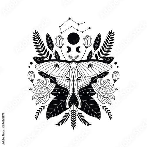 Mystical celestial moth with moon and flowers vector illustration for spiritual occult aesthetic and bohemian wall art designs