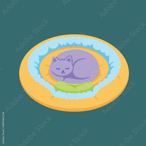 A cartoon-style purple cat is curled up and sleeping soundly on a green pillow inside a comfortable yellow and light blue pet bed.