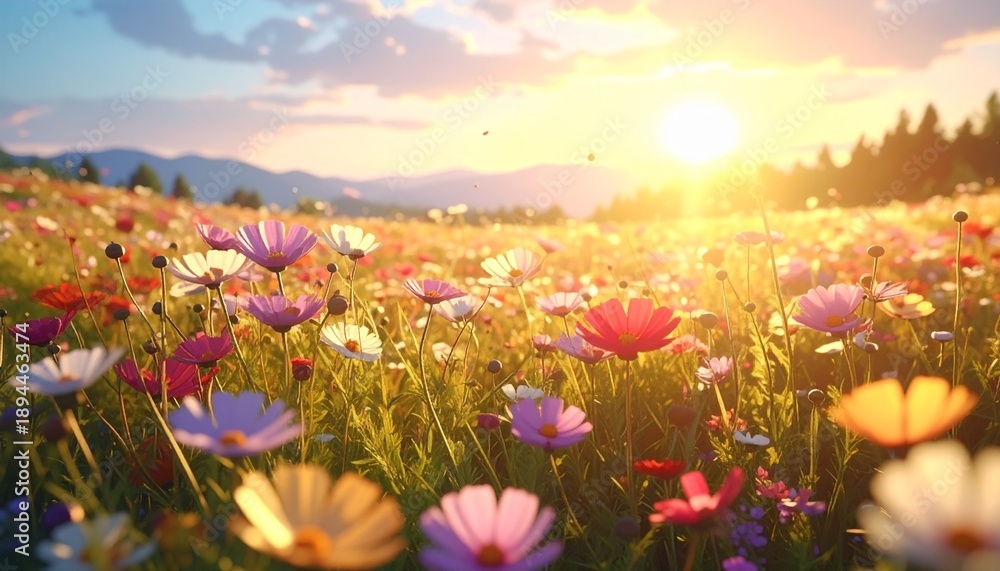 Fototapeta premium Vibrant wildflower meadow at golden sunrise with soft warm light and mountain backdrop