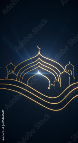 Mosque Dome Silhouette with Gold Accents for Ramadan Eid Hari Raya Aidilfitri Dome Scene in 3D, Islamic Festival Background