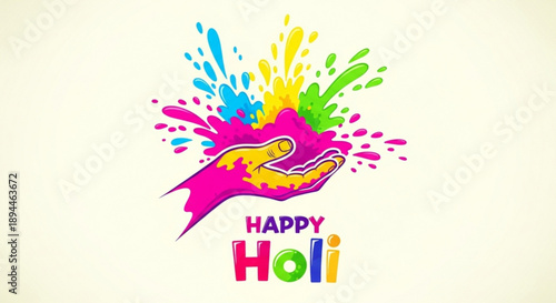 Vibrant holi celebration with colorful hand and text on cream