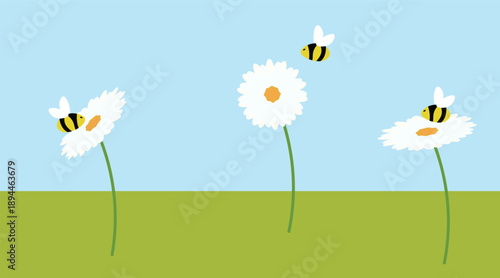 Cute Spring Flowers and Bees Cartoon Illustration for Kids and Nature Design