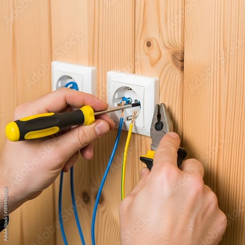 Wallpaper Mural Electrician installing electrical outlet on wooden wall with tools. Torontodigital.ca