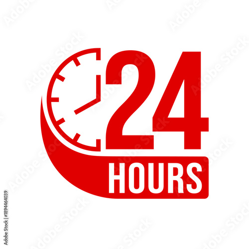 24 hours icon logo. Twenty four hours icon. Vector Illustration. 24 hours label, logo, badge, banner, sticker, stamp, sign, symbol, circle, arrow, red, line, flat vector, isolated illustration.
