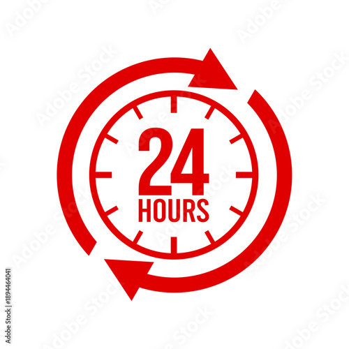 24 hours icon logo. Twenty four hours icon. Vector Illustration. 24 hours label, logo, badge, banner, sticker, stamp, sign, symbol, circle, arrow, red, line, flat vector, isolated illustration.