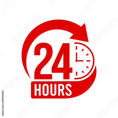 24 hours icon logo. Twenty four hours icon. Vector Illustration. 24 hours label, logo, badge, banner, sticker, stamp, sign, symbol, circle, arrow, red, line, flat vector, isolated illustration.