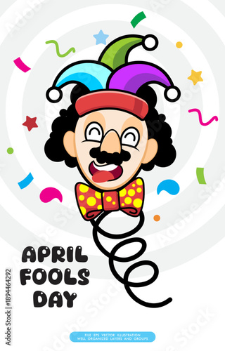 Funny Clown Face with Mustache and Colorful Jester Hat for April Fools Celebration