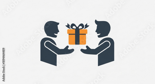 Two people exchanging a gift with a bow on a white background