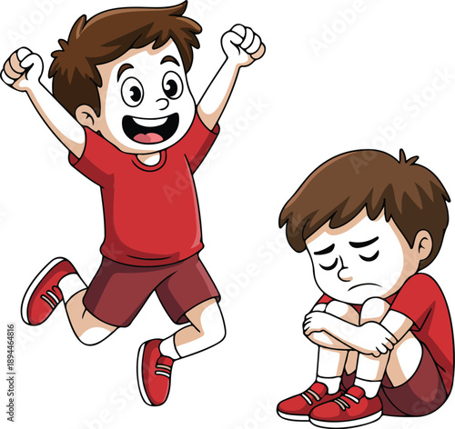 Kids Emotional Contrast Illustration  Excited vs. Sad Boy Cartoon