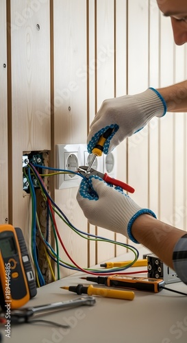 Electrician wearing protective gloves installing a new electrical outlet on a wooden wall using pliers and a screwdriver.