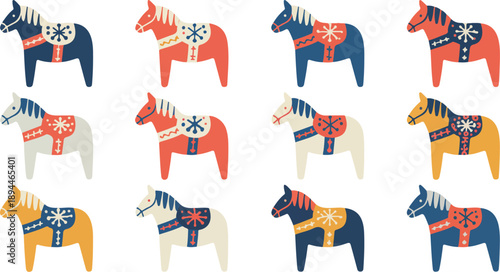 Nordic Folk Horse Line Icons  Floral Ornaments, Rosettes, and Decorative Motifs