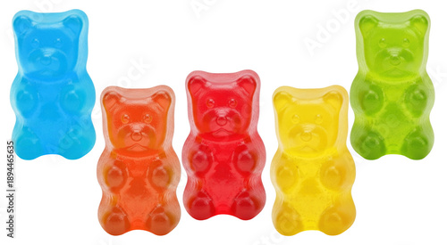 a vibrant assortment of five gummy bear candies in distinct colors including blue, orange, red, yellow, and green, presented against a stark transparent background for a studio product shot.
