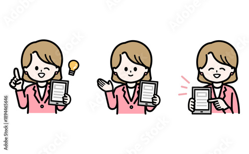 接客マナーとDX導入を案内する女性事務員のイラスト3種セット。新人研修やマニュアル用のベクター素材。