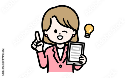 介護や接客のDX化で解決策をひらめいた女性事務員のイラスト。タブレット操作の解決イメージ。