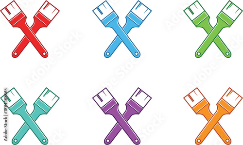 Colorful crossed paintbrushes icon set for home renovation house painting service diy repair workshop artistic creativity and interior design maintenance, vector illustration.