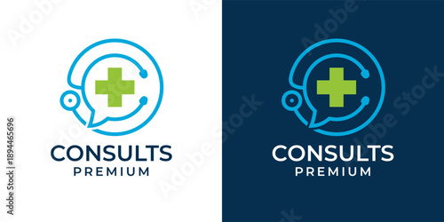 Medical Consult Logo Concept. Talk Doctor Logo Design Template. Health Chat Logo with Stethoscope and Plus Sign Vector. Doctor, Clinic, Healthcare, Hospital Logo Icon Symbol Vector Illustration.