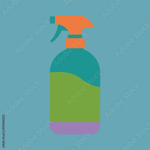 A colorful, flat-design vector depicts a simple spray bottle featuring an orange trigger, teal body, green label, and purple base on a blue background.